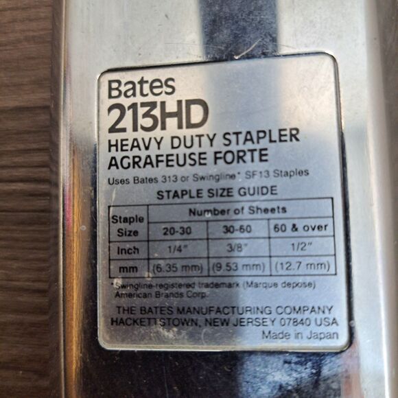 Bates 213HD Heavy Duty Stapler Agrafeuse Forte w/Staple Size Guide Made In Japan - Picture 4 of 4